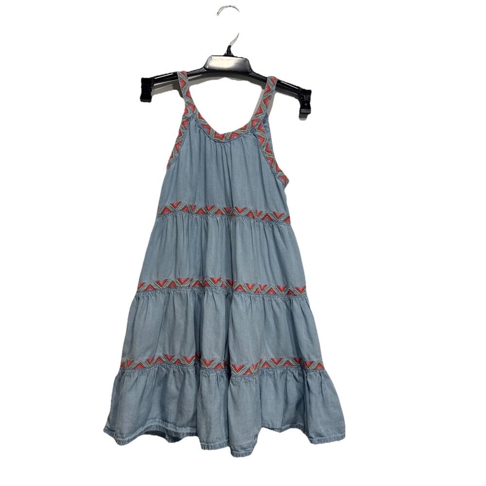 PEEK Girls Chambray Dress Size XS (4-5) Tiered Embroidered Sundress Kids Blue
